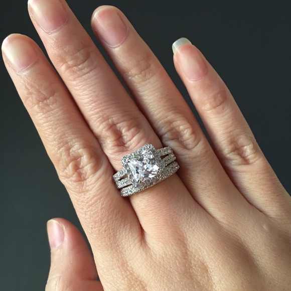 2pcs 925 Silver Engagement Ring Wedding Band Set - Picture 3 of 7